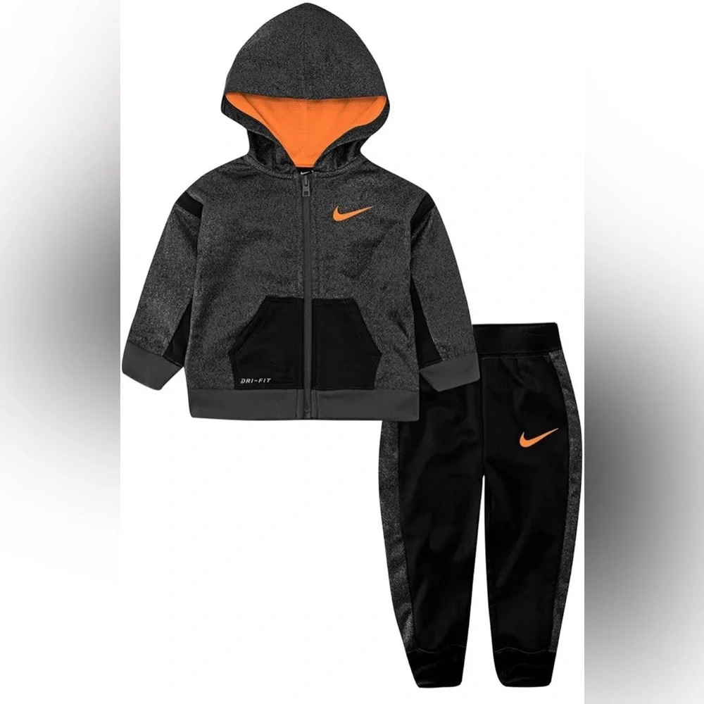 Nike Boys Therma-FIT Fleece Hoodie Jogger Tracksuit Set Black Orange Size 4 NWT